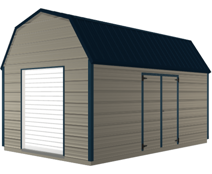 3D builder of a metal barn with a blue roof and a white door