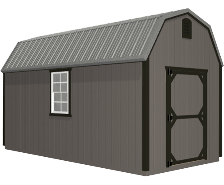 3D builder of a gray barn with a metal roof and a window