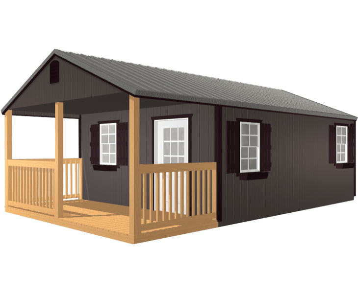 A 3D builder of a gray cabin with a porch and windows