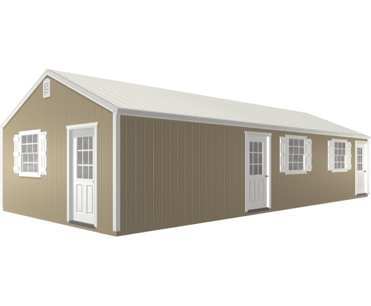 A 3D builder of a tan building with white doors and windows.