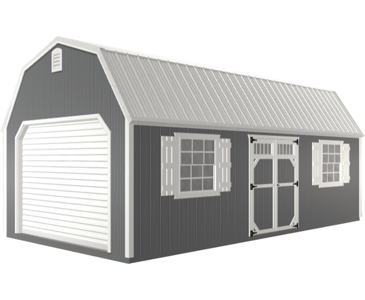 A 3D builder of a barn with a garage door and windows.