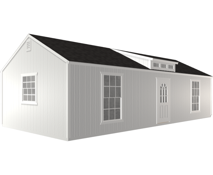 A 3D image of a white shed with a black roof and windows