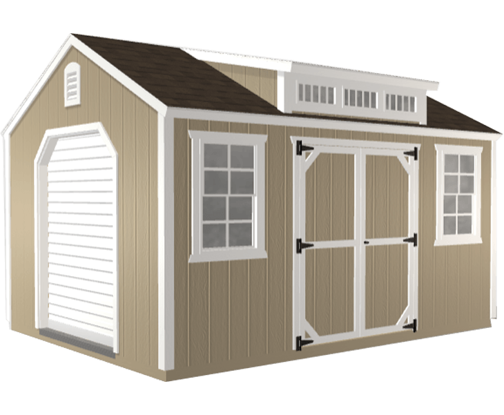 3D builder of a tan garage with a brown roof and white trim