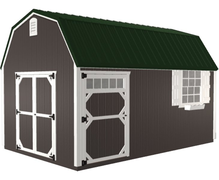 3D builder of a brown barn with a black roof and white trim