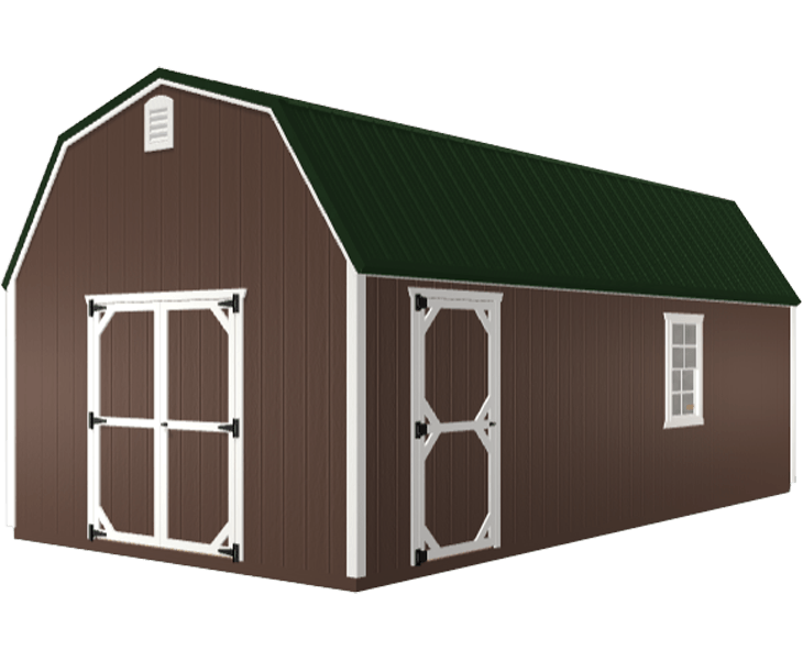 3D builder of a brown barn with a black roof and white doors