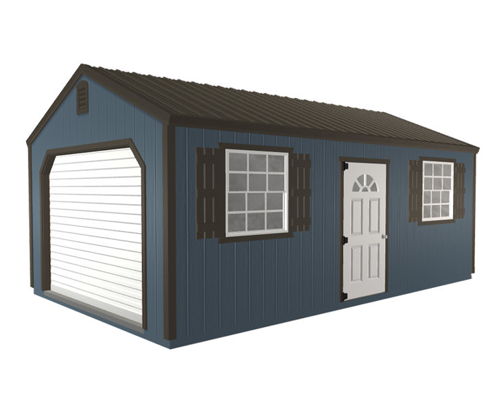 3D builder of a blue garage with a door and windows on a white background.