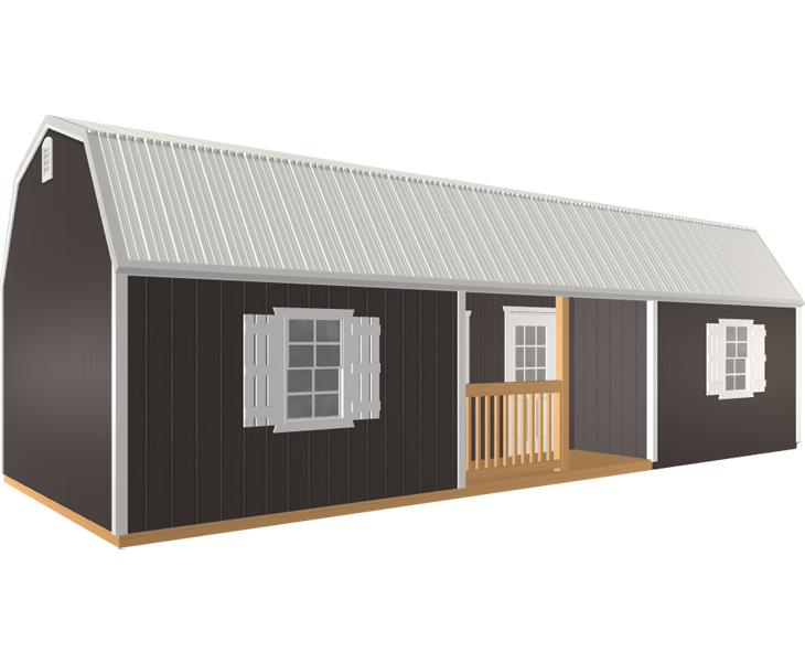 3D builder of a black barn with a porch and two windows