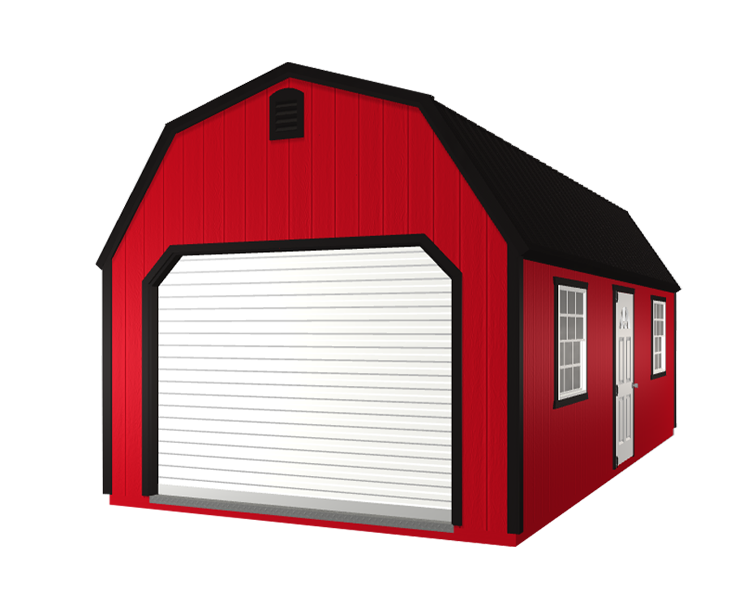 A 3D builder of a red barn with a black roof