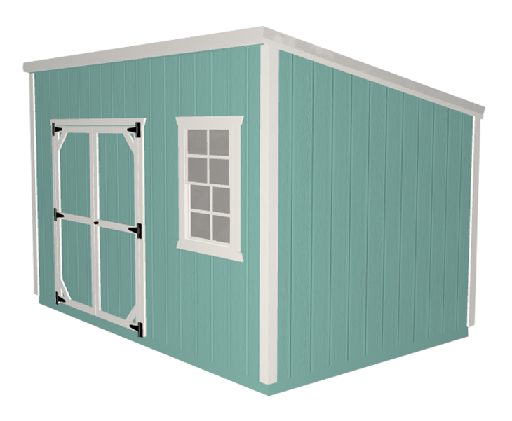 A blue shed with white trim and a window.