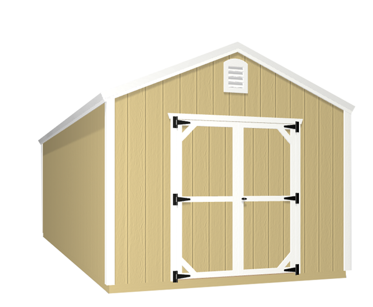 3D builder of a tan shed with white trim