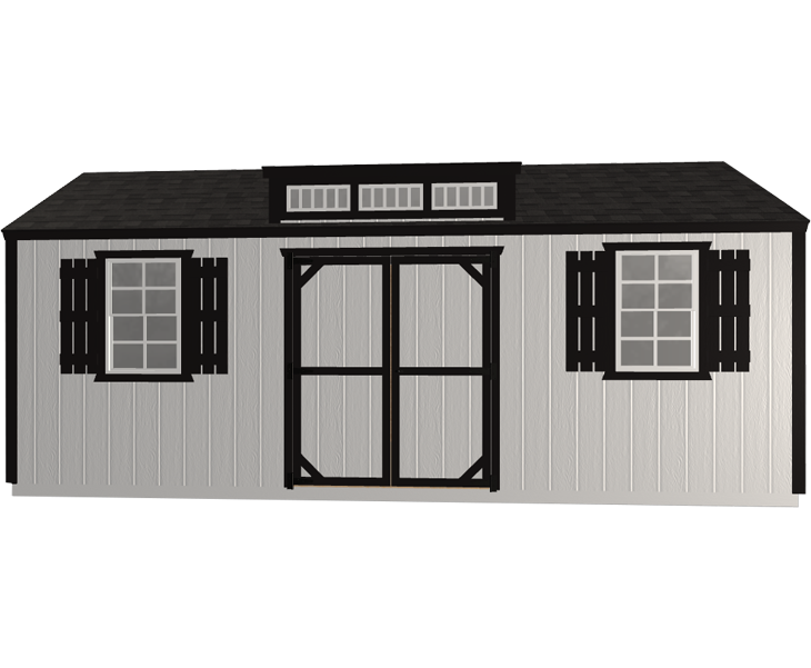 3D builder of a white shed with black windows and shutters on a white background.