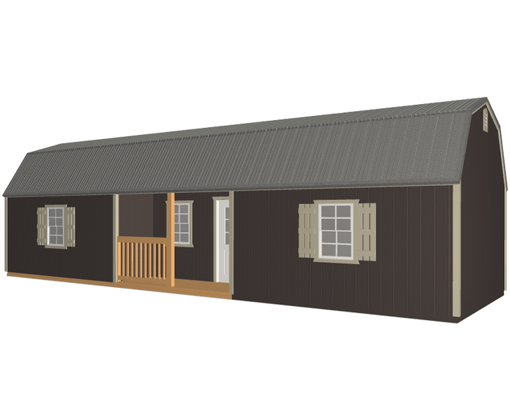 3D builder of a black cabin with a porch and windows on a white background.