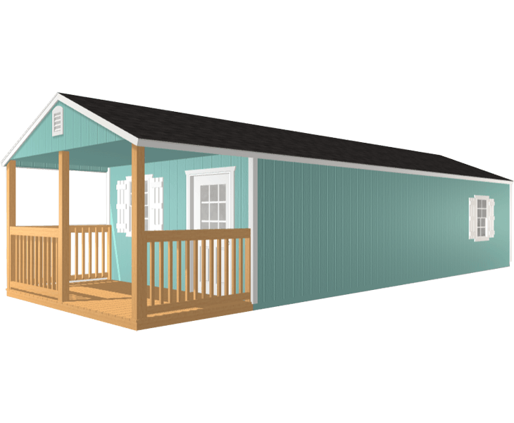 A blue house with a porch and a black roof