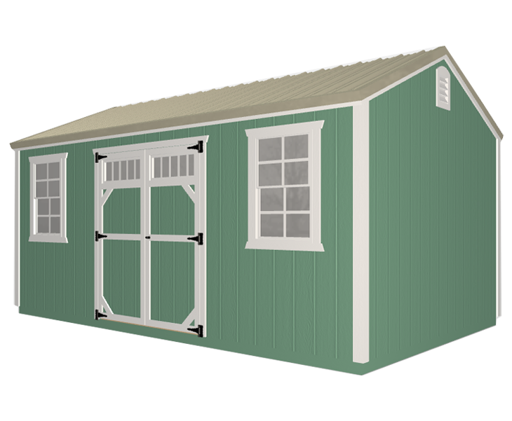 3D builder of a shed with two windows and a tan roof