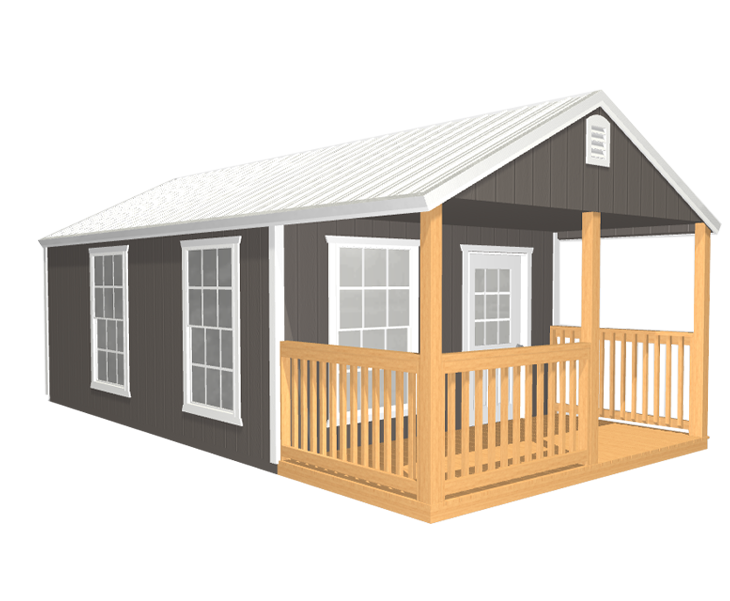 3D builder of a grey cabin with a porch and a white roof