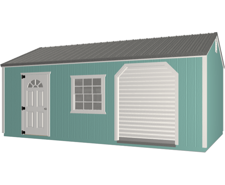 A 3D builder of a blue shed with a garage door and a window
