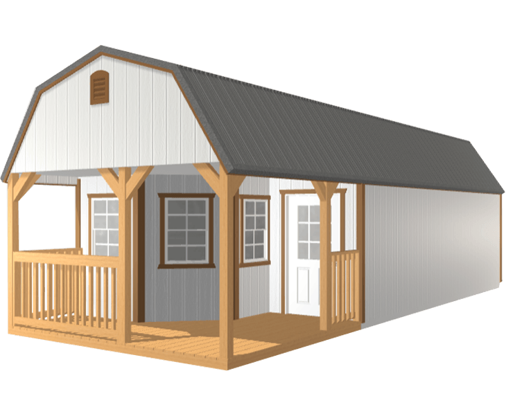 A 3D image of a white cabin with a porch and a gray roof