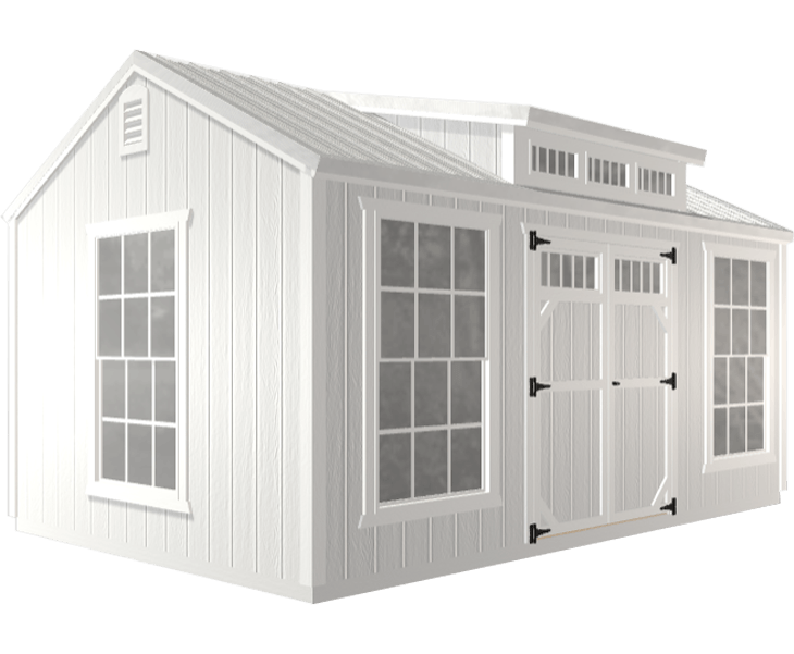 A 3D builder of a white shed with a roof and windows.