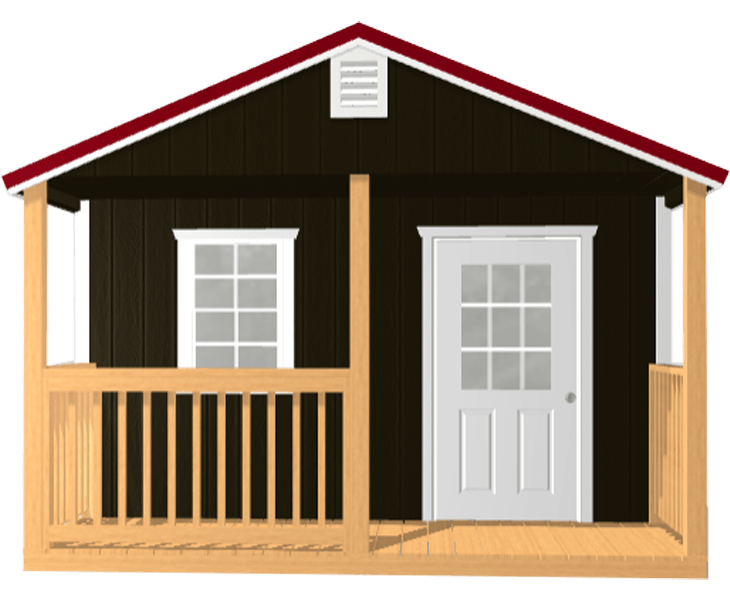 A 3D builder of a black cabin with a porch and a white door