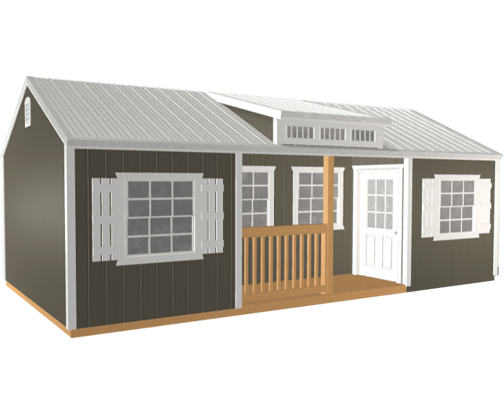 A 3D builder of a grey cabin with a porch and shutters on the windows