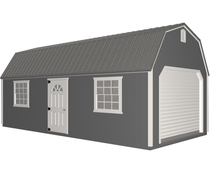 3D builder of a gray garage with a door and two windows.