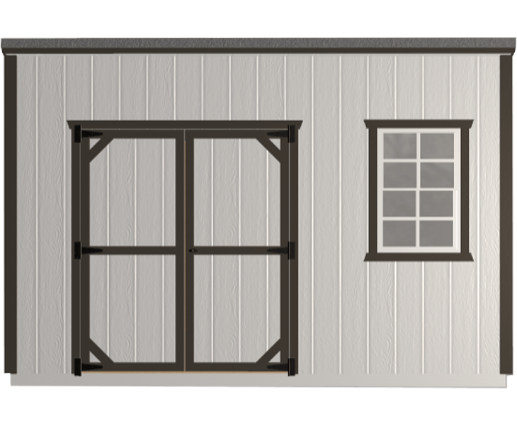 A 3D builder of a white shed with a door and a window.