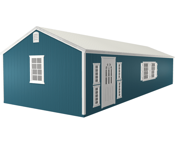 A 3D builder of a blue shed with white trim and windows.
