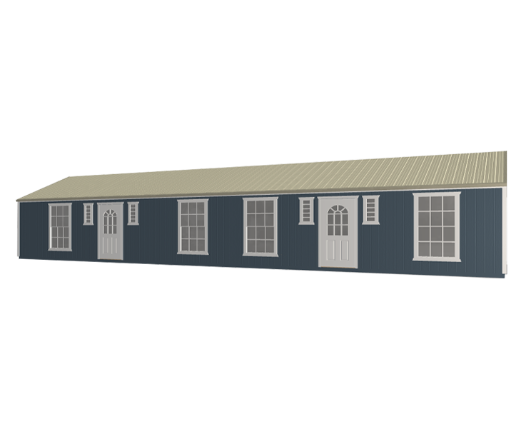 A 3D Builder of a blue shed with white doors and windows
