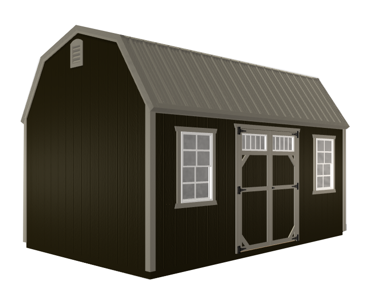 A 3D builder of a black barn with a gray roof and two windows