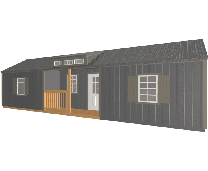 A 3d model of a gray cabin with a porch and windows.