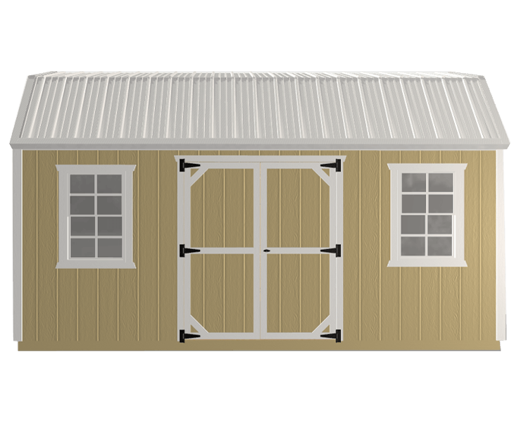 A 3D builder of a yellow shed with a white roof and two windows.