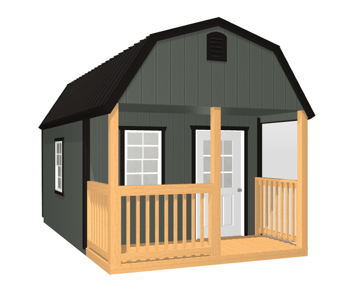 A 3D image of a gray cabin with a porch and a black roof