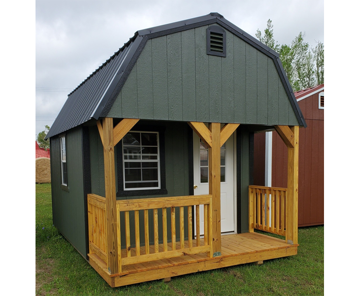 A grey shed with a porch and a window