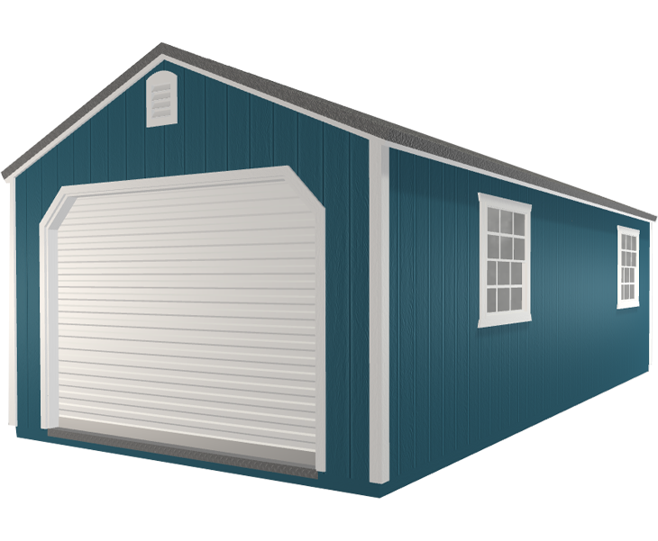 A 3D image of a blue garage with a white door and windows on a white background.