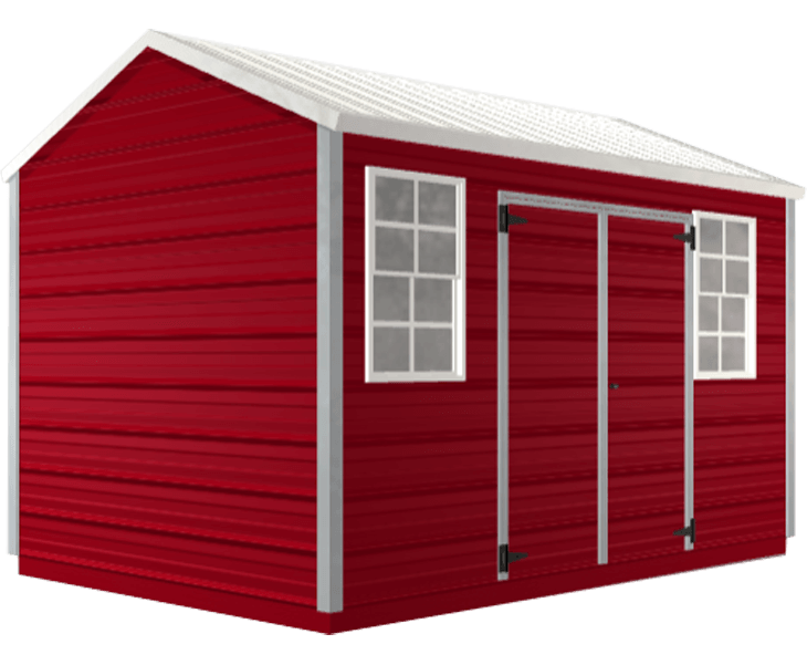 A red shed with white trim and windows