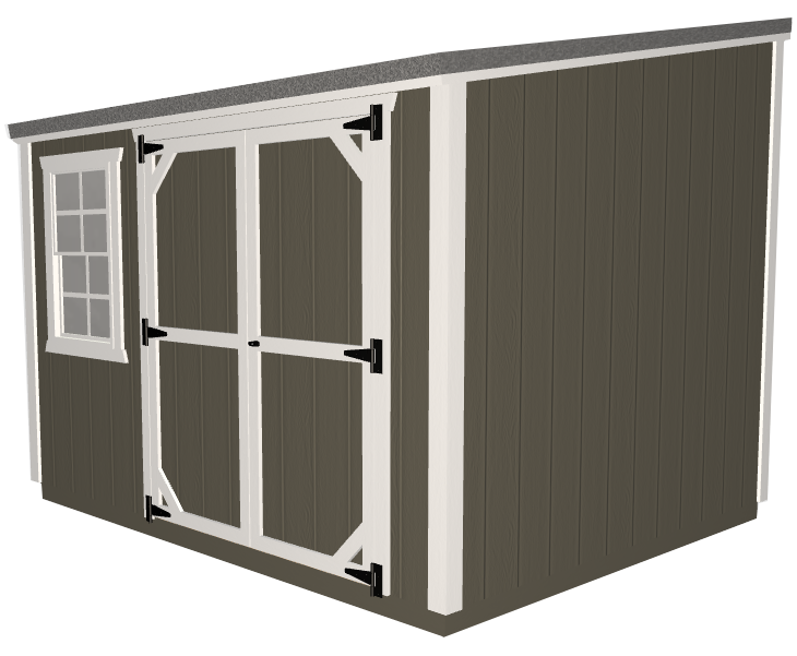 A 3D image of a shed with two doors and a window on a white background.