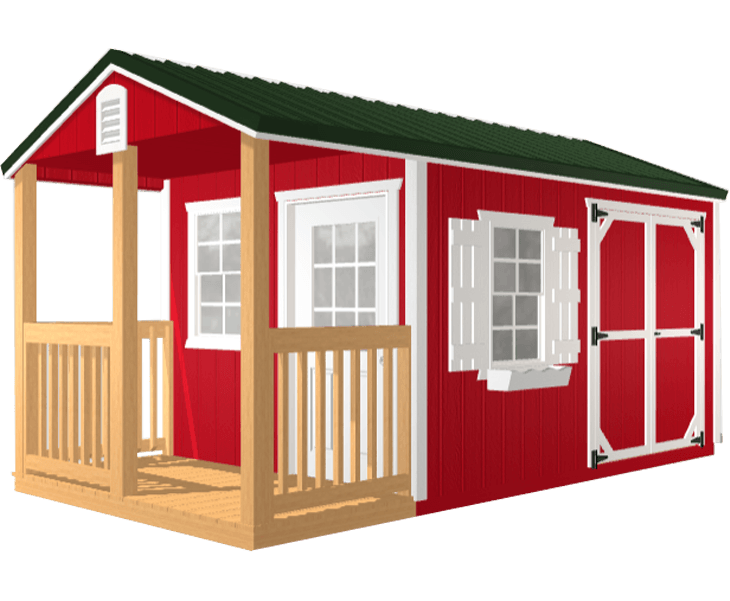 3D builder of a red shed with a green roof and a porch