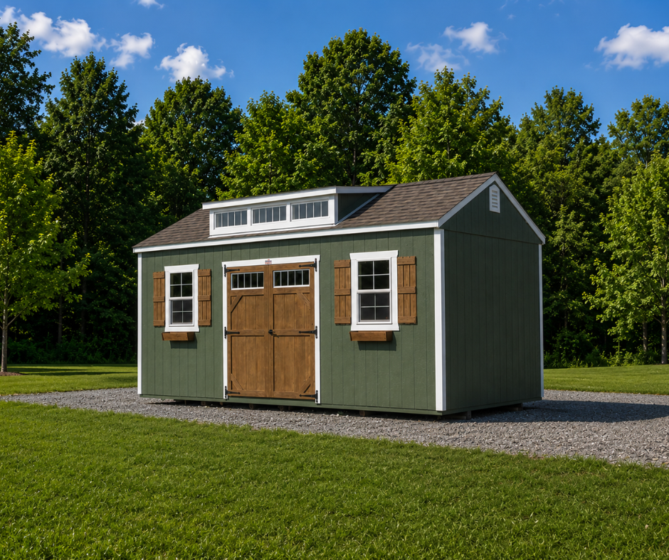 Small green shed with double wooden doors and white-trimmed windows on a gravel lot near trees and grass