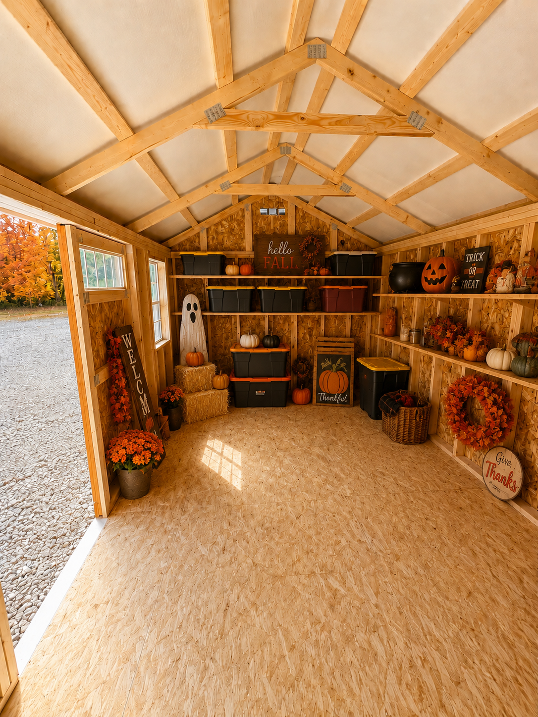 Shed interior with stacked labeled storage bins and boxes along the walls