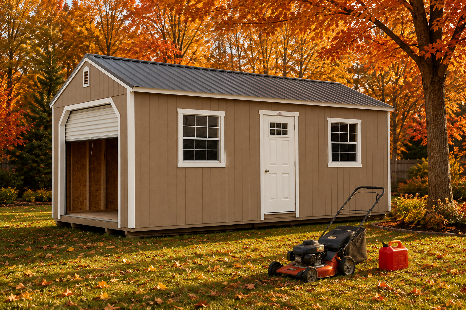 Small tan shed with white trim and open door in an autumn yard, with lawn mower and gas can nearby