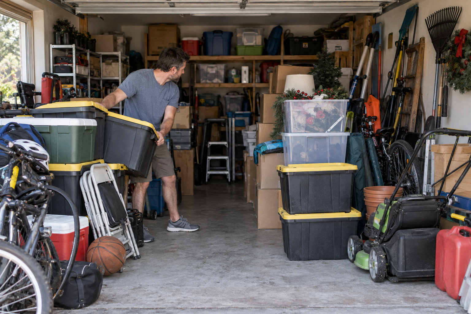 Man organizing storage in a cluttered garage with bins, tools, bikes, and shelves.