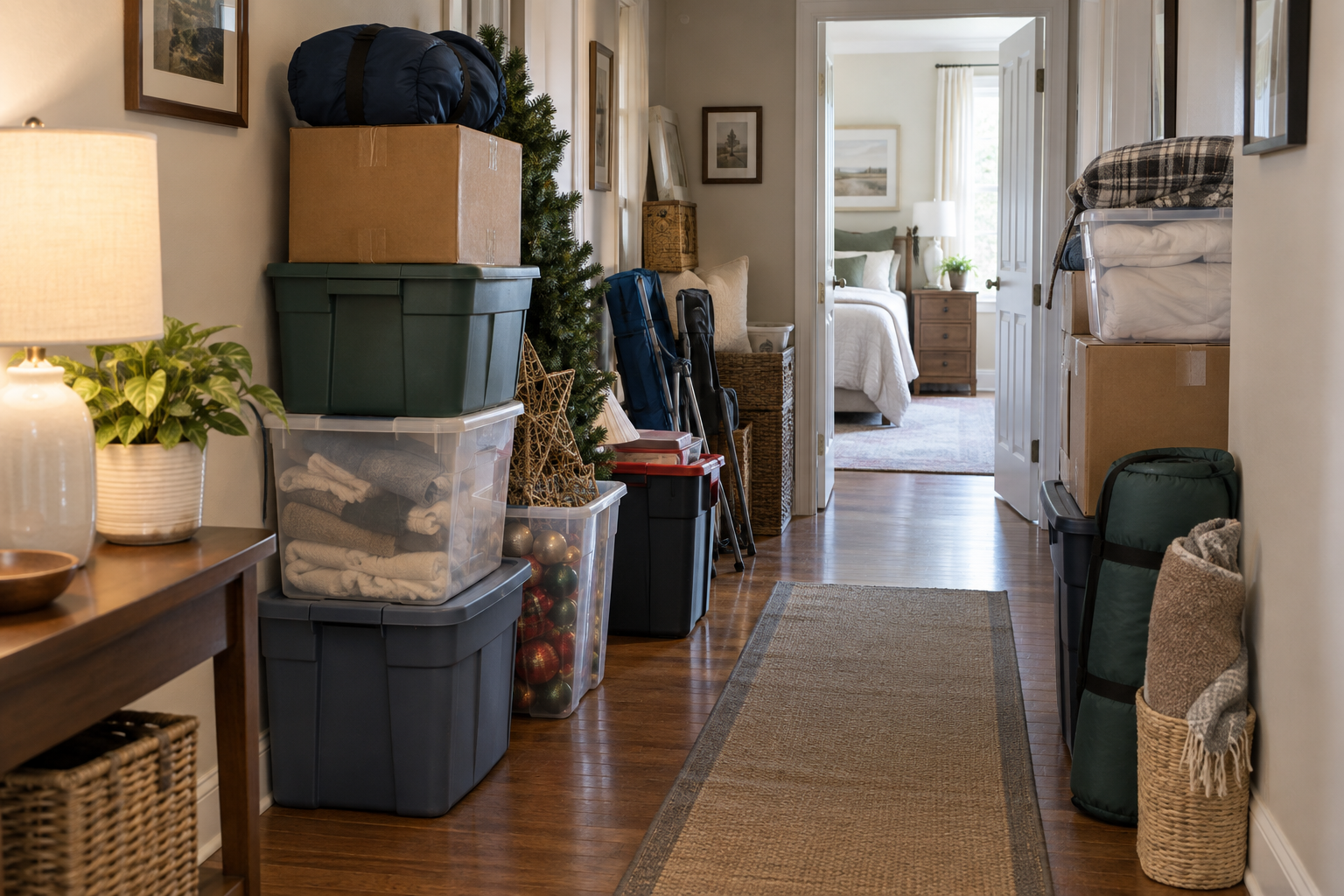 Narrow hallway cluttered with stacked storage bins and bags, leading to a bright bedroom in the distance.