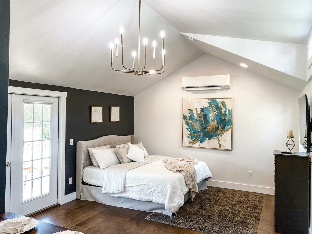 A portable building turned into a guest bedroom.