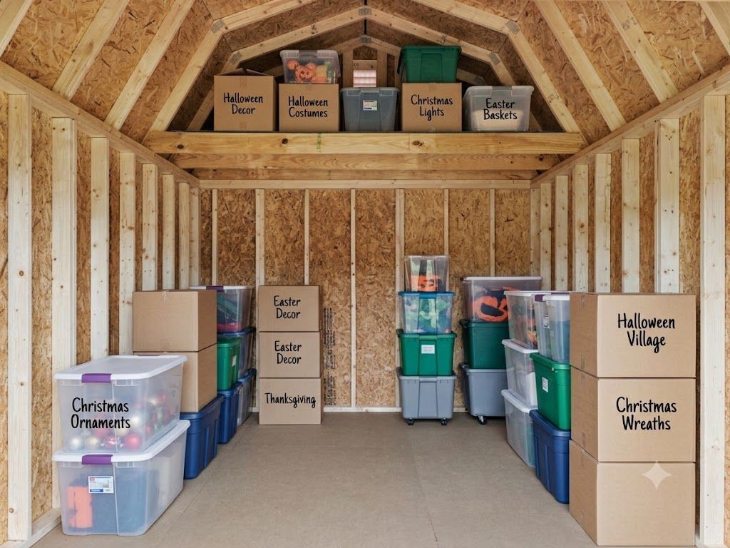 Shed interior with stacked labeled storage bins and boxes along the walls