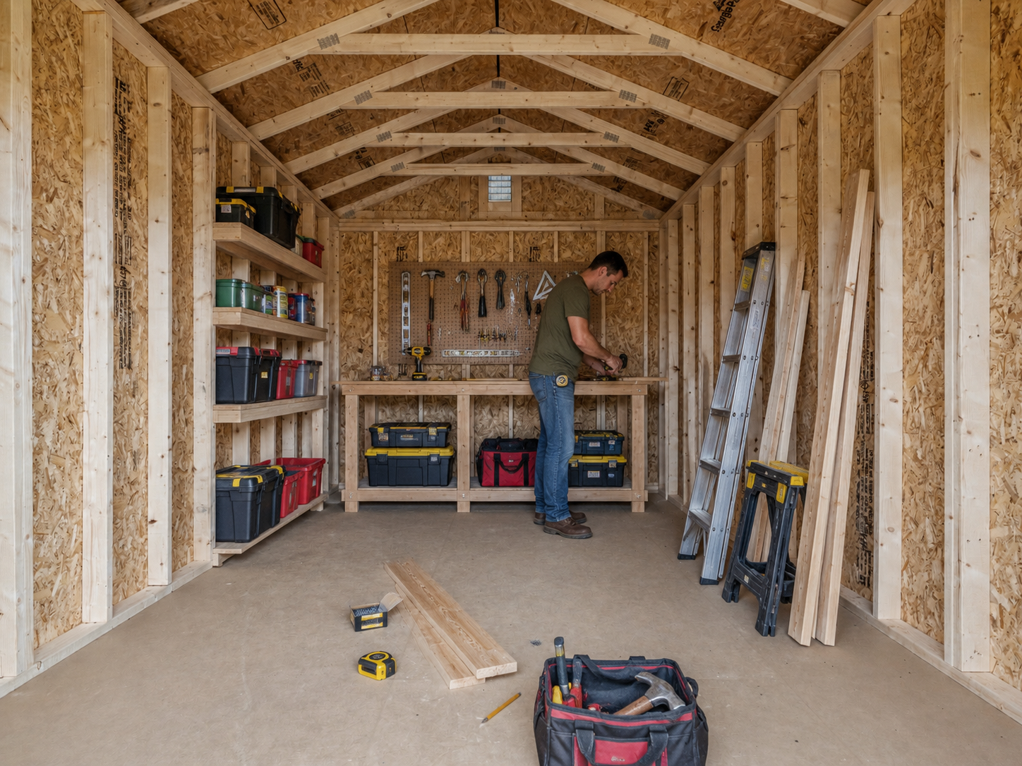 Inside a wooden shed, a person works at a workbench beside ladders and tools.
