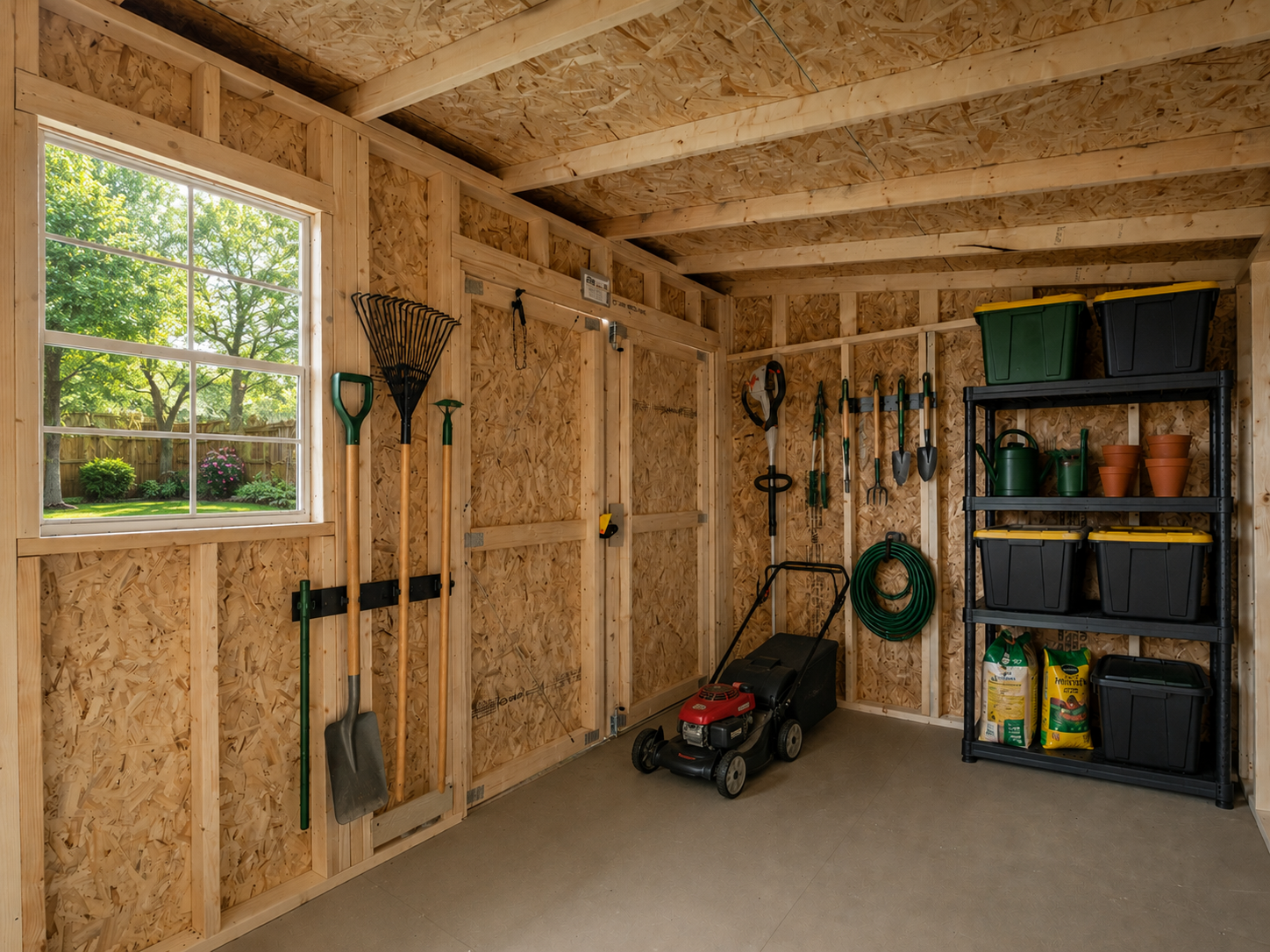 Wood-framed shed with hanging garden tools, a lawn mower, and shelving for supplies.