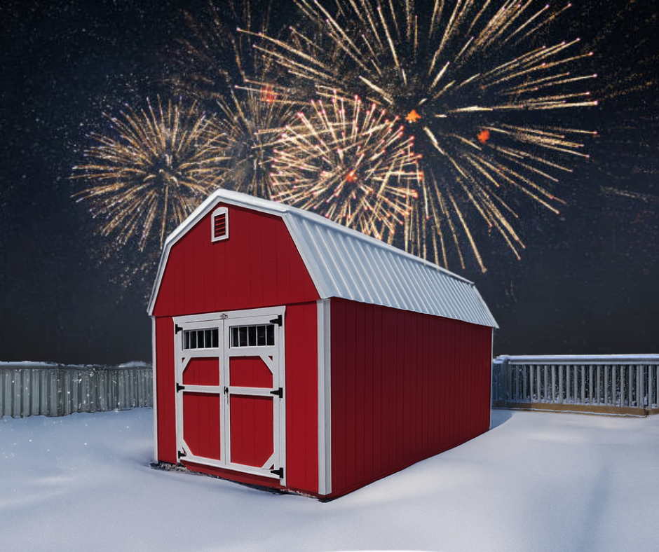 A snowy Lofted Barn with fireworks