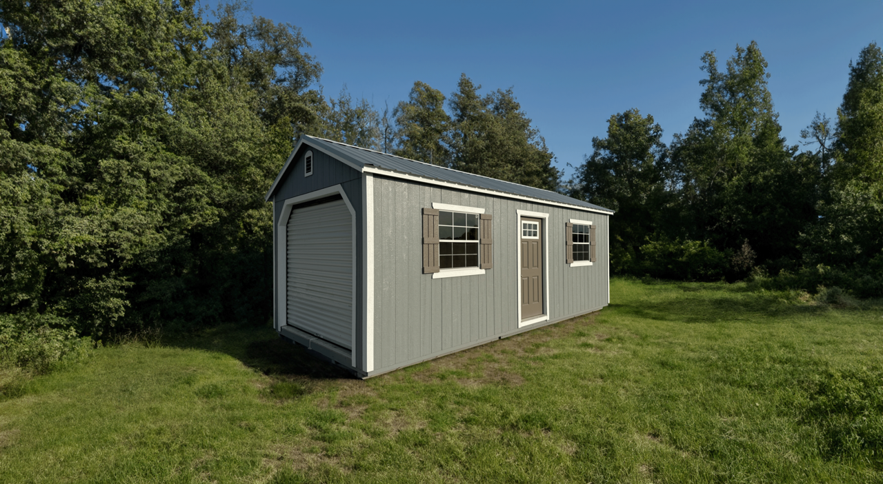 A shed with a garage door is sitting in the middle of a grassy field.