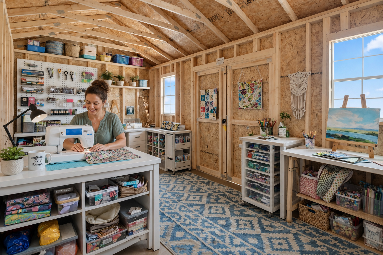 Woman crafting in a bright wooden studio with shelves, supplies, and patterned blue rug