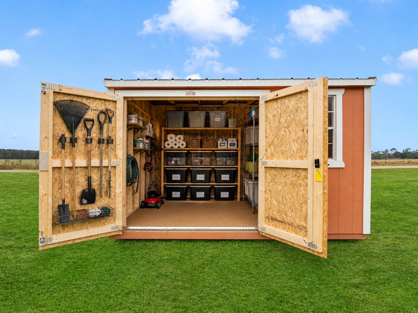 Open garden shed with woodworking tools and storage shelves on a grassy field